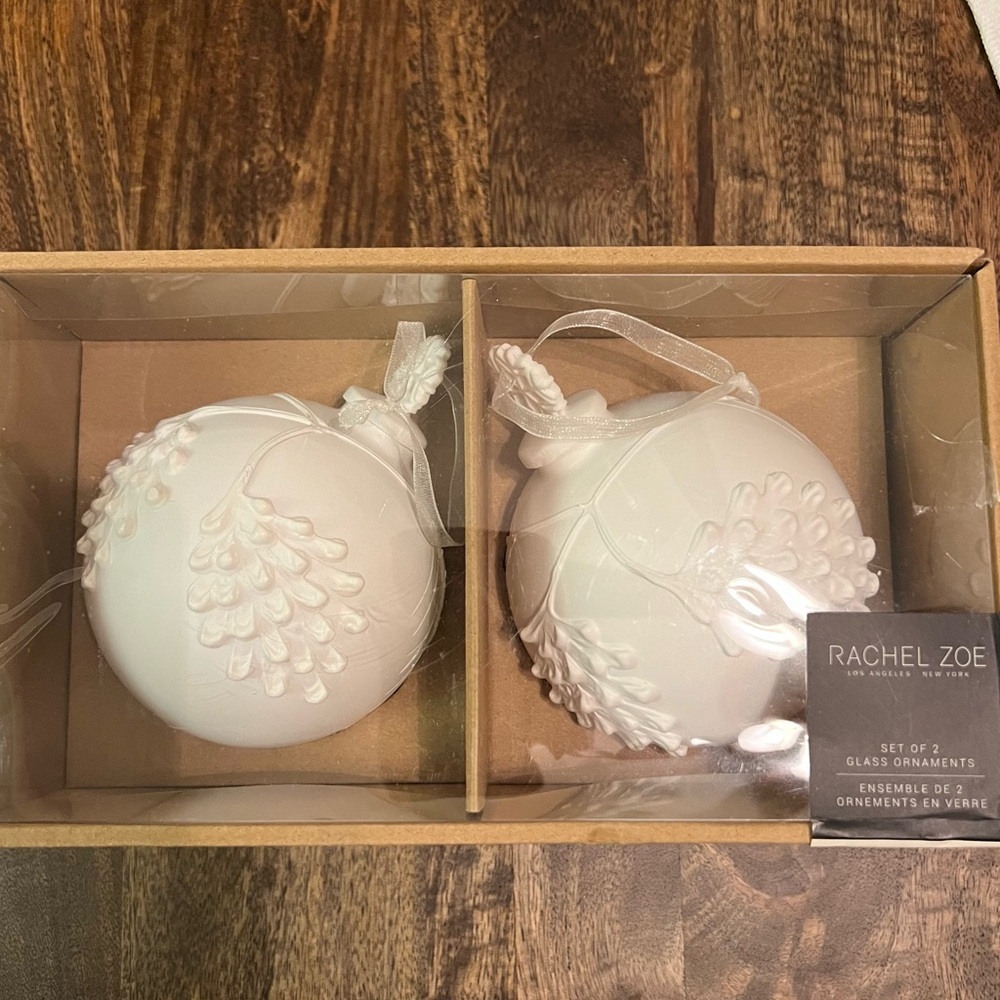 NEW Rachel Zoe Set of 2 Textured Pinecone White Glass Christmas Tree Ornaments